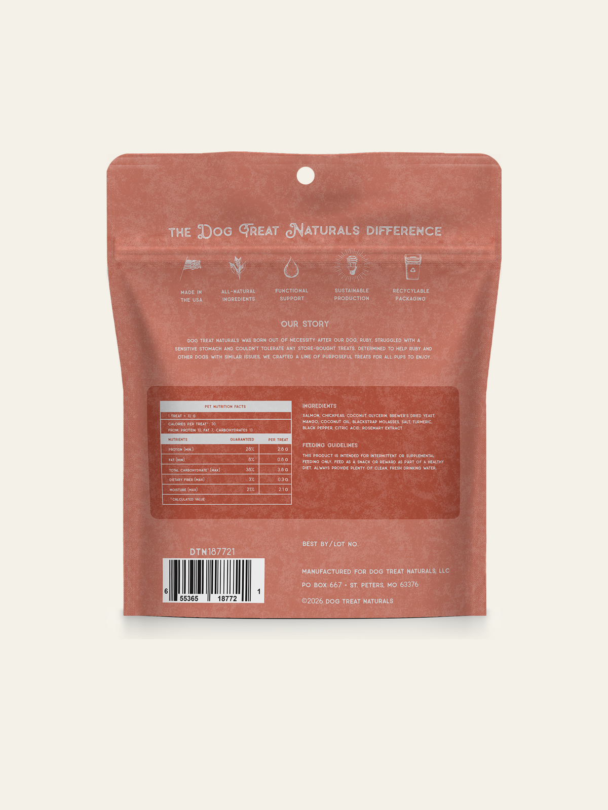 Back of the Salmon & Mango Superfood Sticks bag showing feeding guidelines