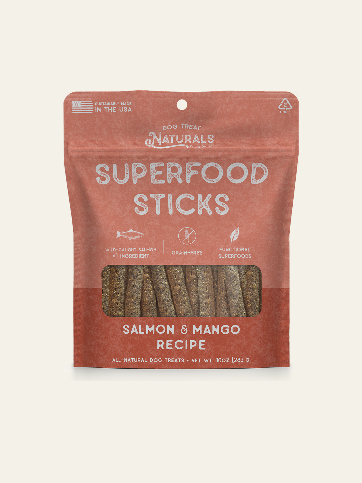 Front of the Salmon & Mango Superfood Sticks bag from Dog Treat Naturals