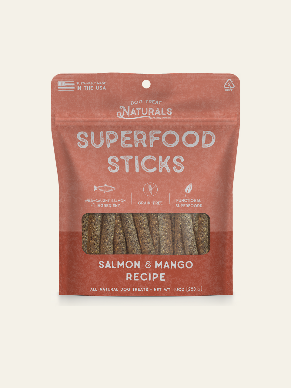 Front of the Salmon & Mango Superfood Sticks bag from Dog Treat Naturals