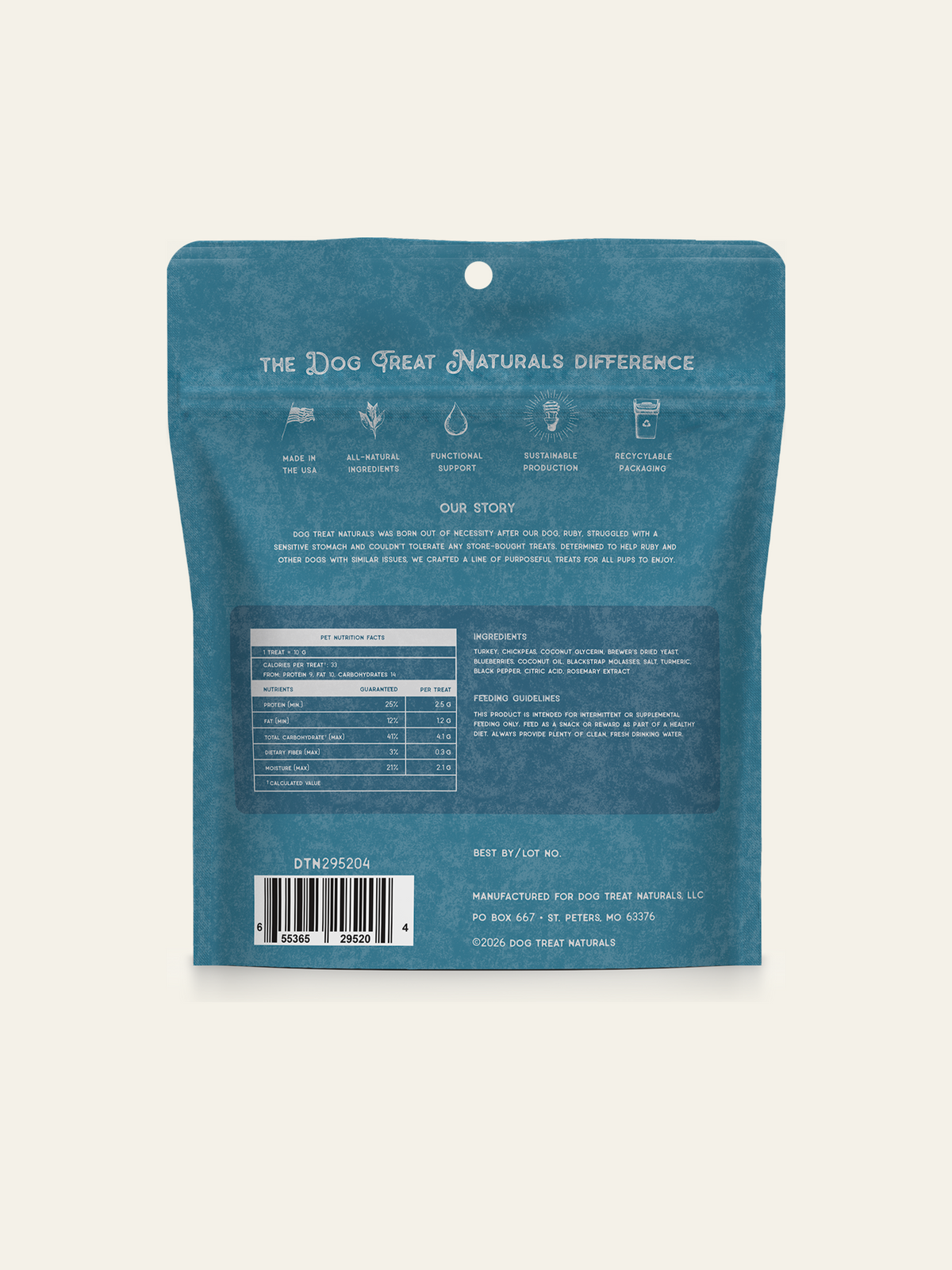 Back of the Turkey & Blueberry Superfood Sticks bag showing feeding guidelines