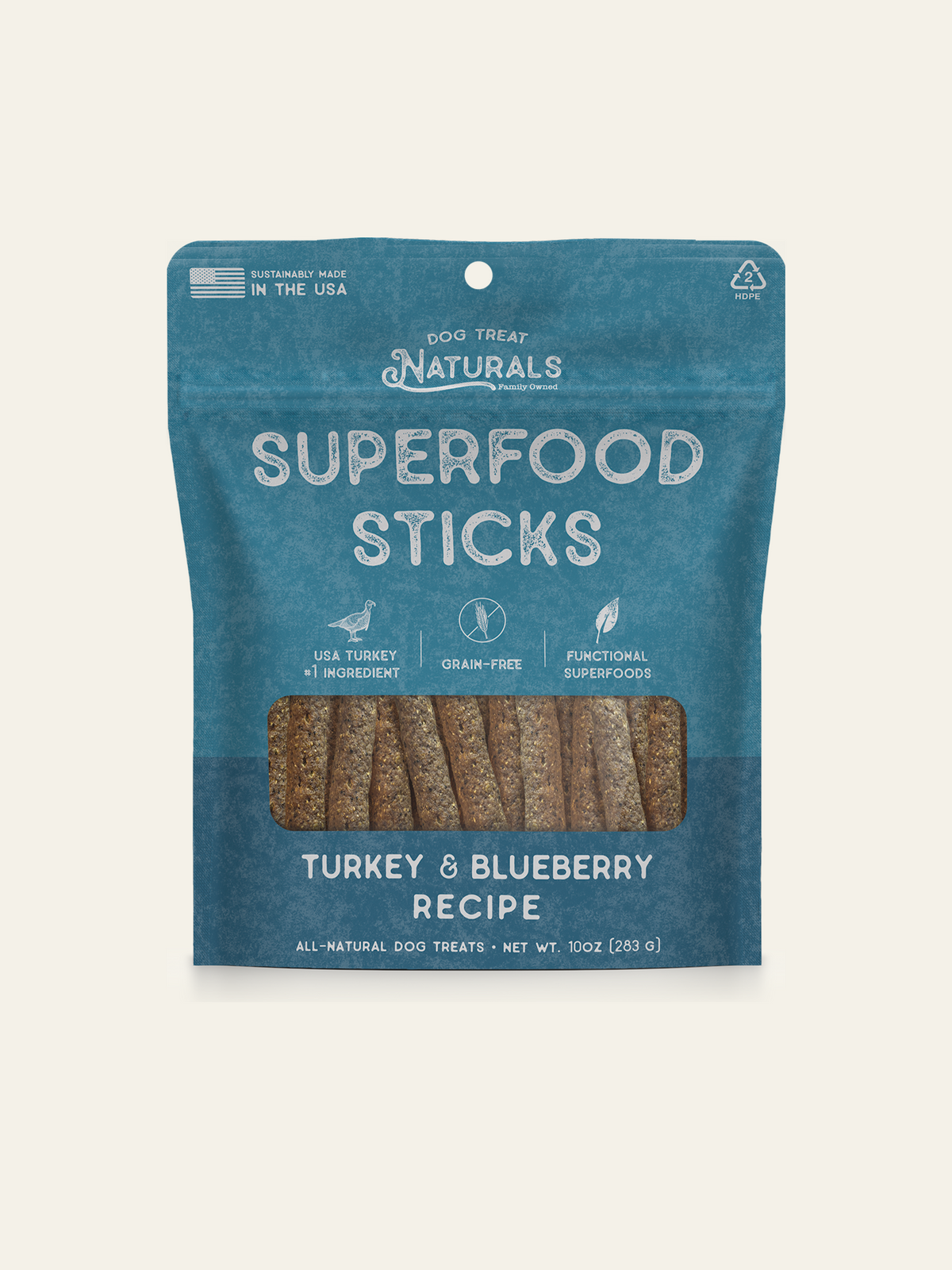 Front of the Turkey & Blueberry Superfood Sticks bag from Dog Treat Naturals