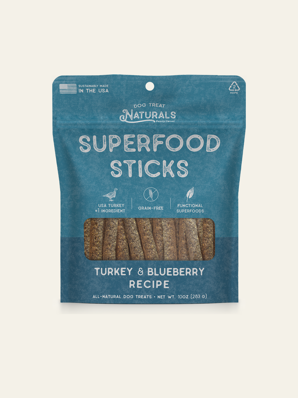 Front of the Turkey & Blueberry Superfood Sticks bag from Dog Treat Naturals