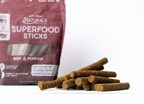 Beef & Pumpkin Superfood Sticks bag with the treats out in front of it