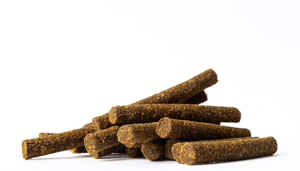 Close-up of Beef & Pumpkin Superfood Sticks showing the real texture