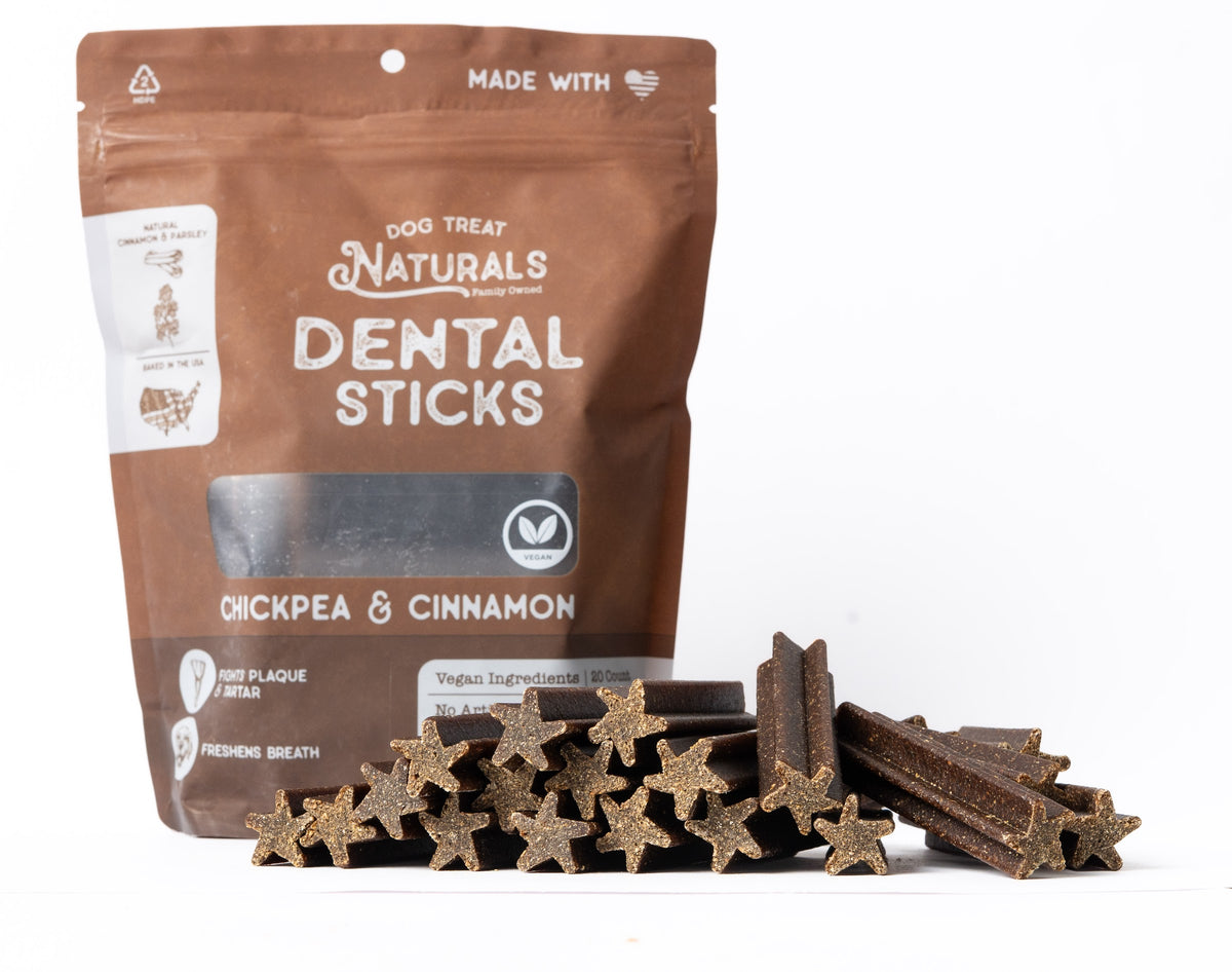 Chickpea & Cinnamon Dental Sticks bag with the treats out in front of it