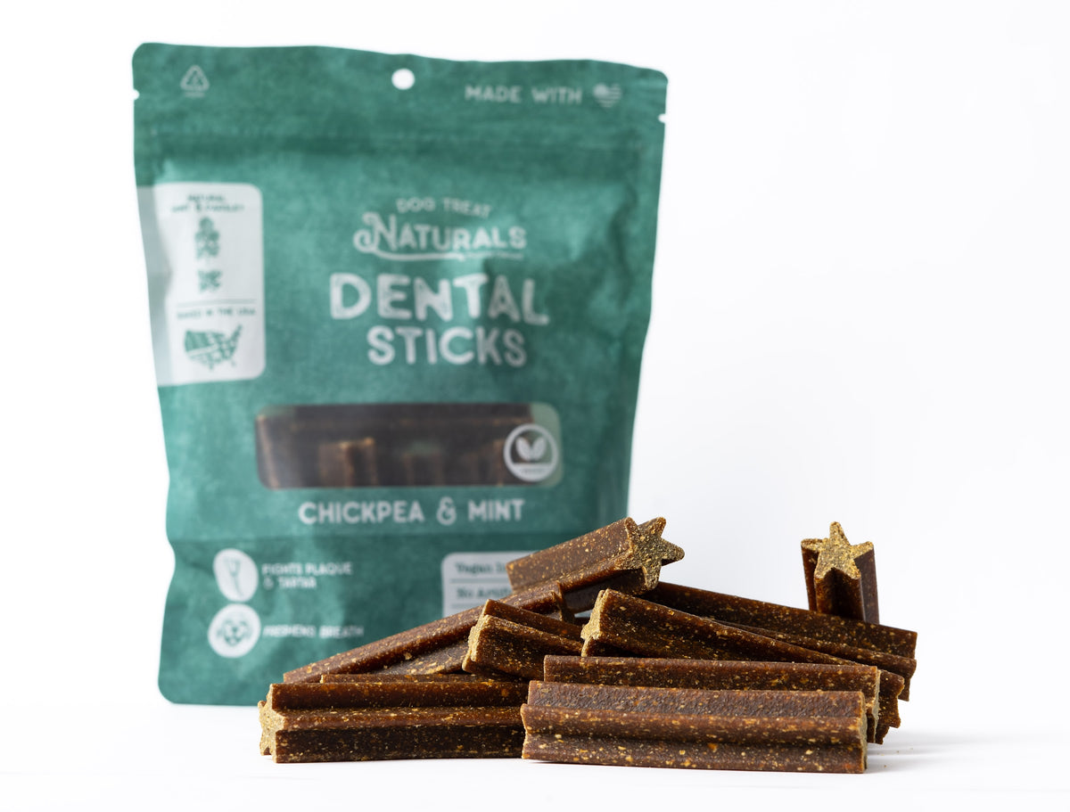 Chickpea & Mint Dental Sticks bag with the treats out in front of it
