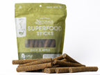 Duck & Apple Superfood Sticks bag with the treats out in front of it