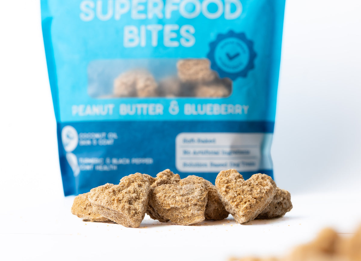 Peanut Butter & Blueberry Superfood Bites bag with the treats out in front of it
