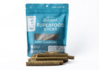 Turkey & Blueberry Superfood Sticks bag with the treats out in front of it