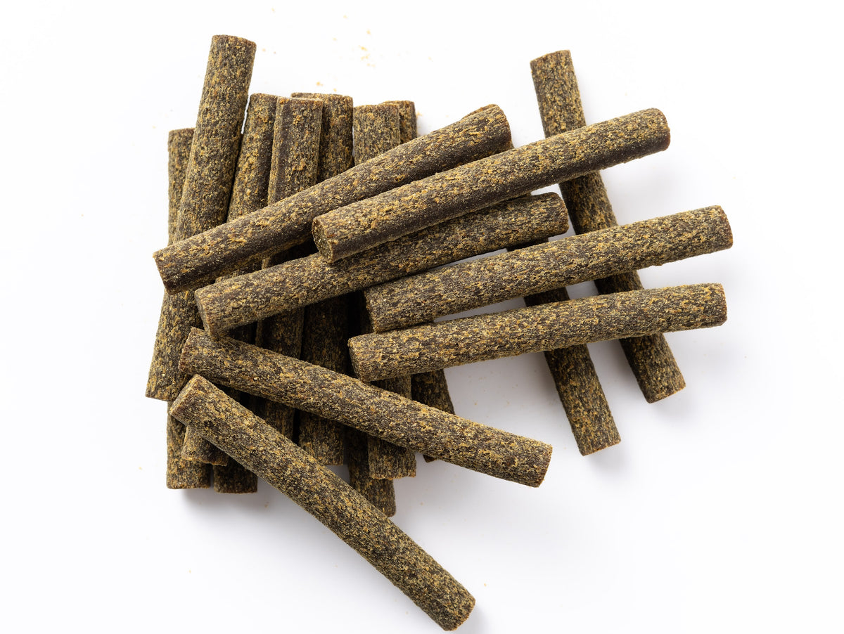 Close-up of Turkey & Blueberry Superfood Sticks showing the real texture
