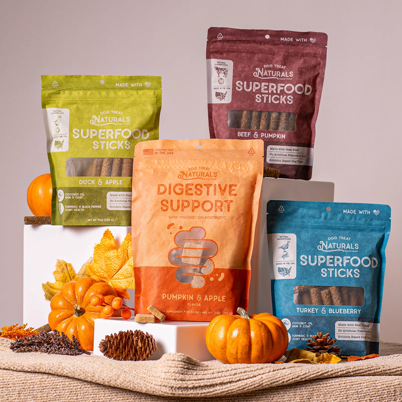 The Sensitive Stomach Box from Dog Treat Naturals with Digestive Support chews and three bags of treats